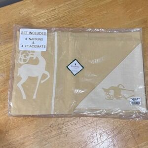 Waterford Linens Reindeer Christmas Placemat Napkin Set 8pc Wheat Gold Vtg 2003